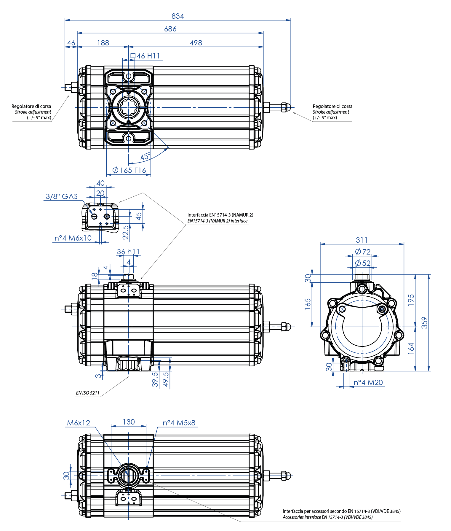 AGO - Aluminium spring return SR type - dimensions - Spring return pneumatic actuator size SR 1440 (Nm)
