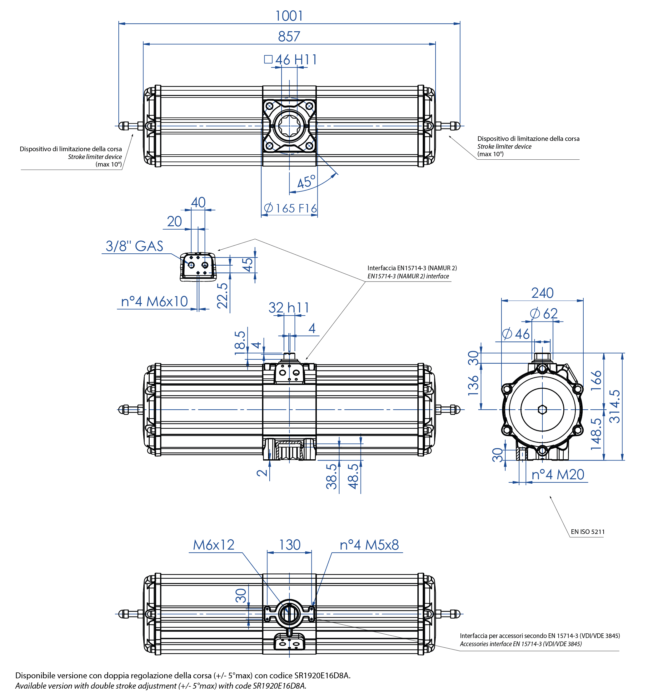 AGO - Aluminium spring return SR type - dimensions - Spring return pneumatic actuator size SR 1920 (Nm)